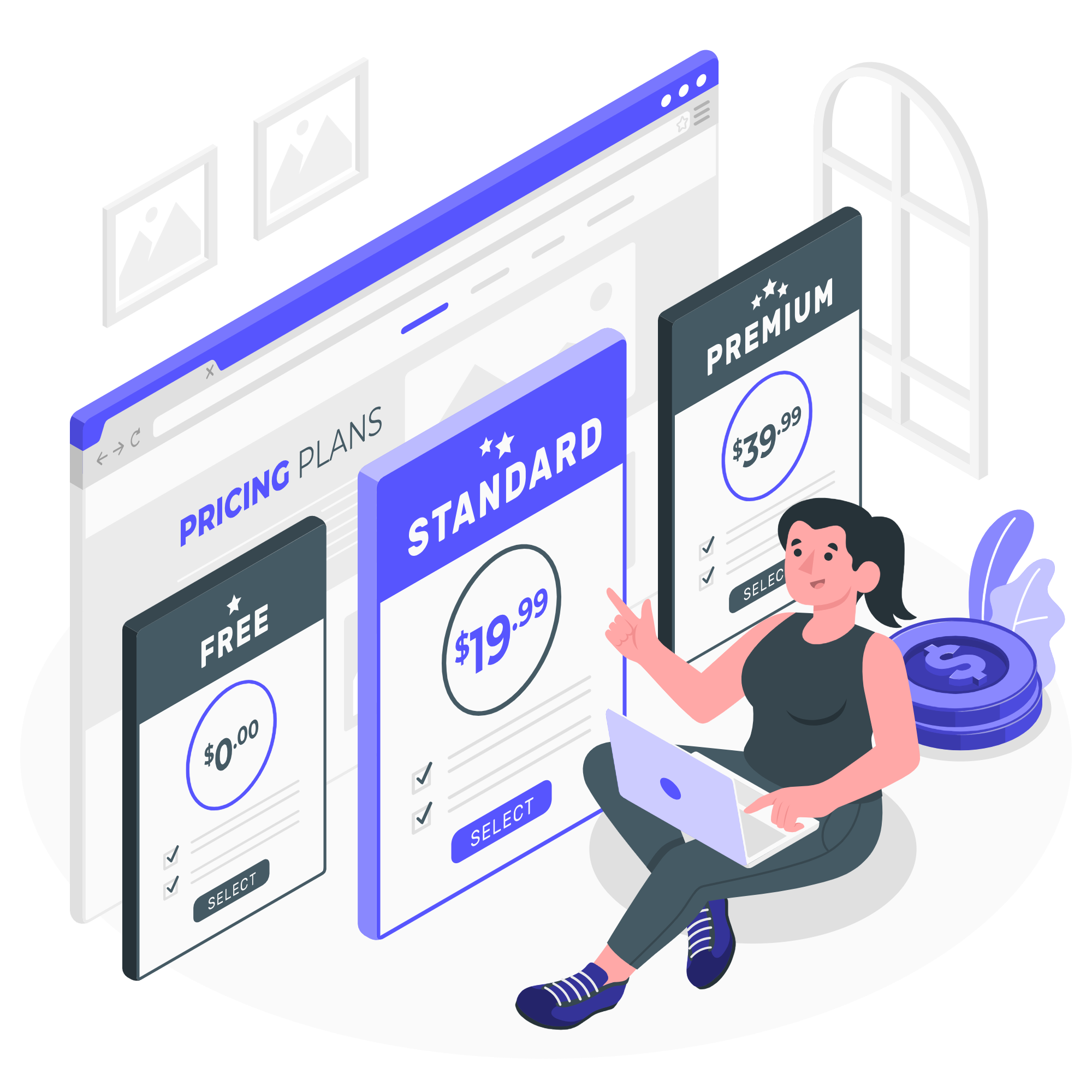 ilustración de mujer seleccionando planes de diseño y desarrollo web